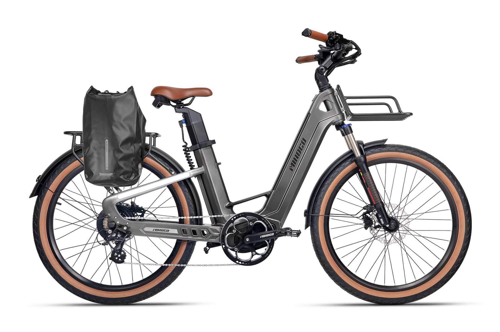 gray Mihogo Air Carbon E-Bike with rear rack