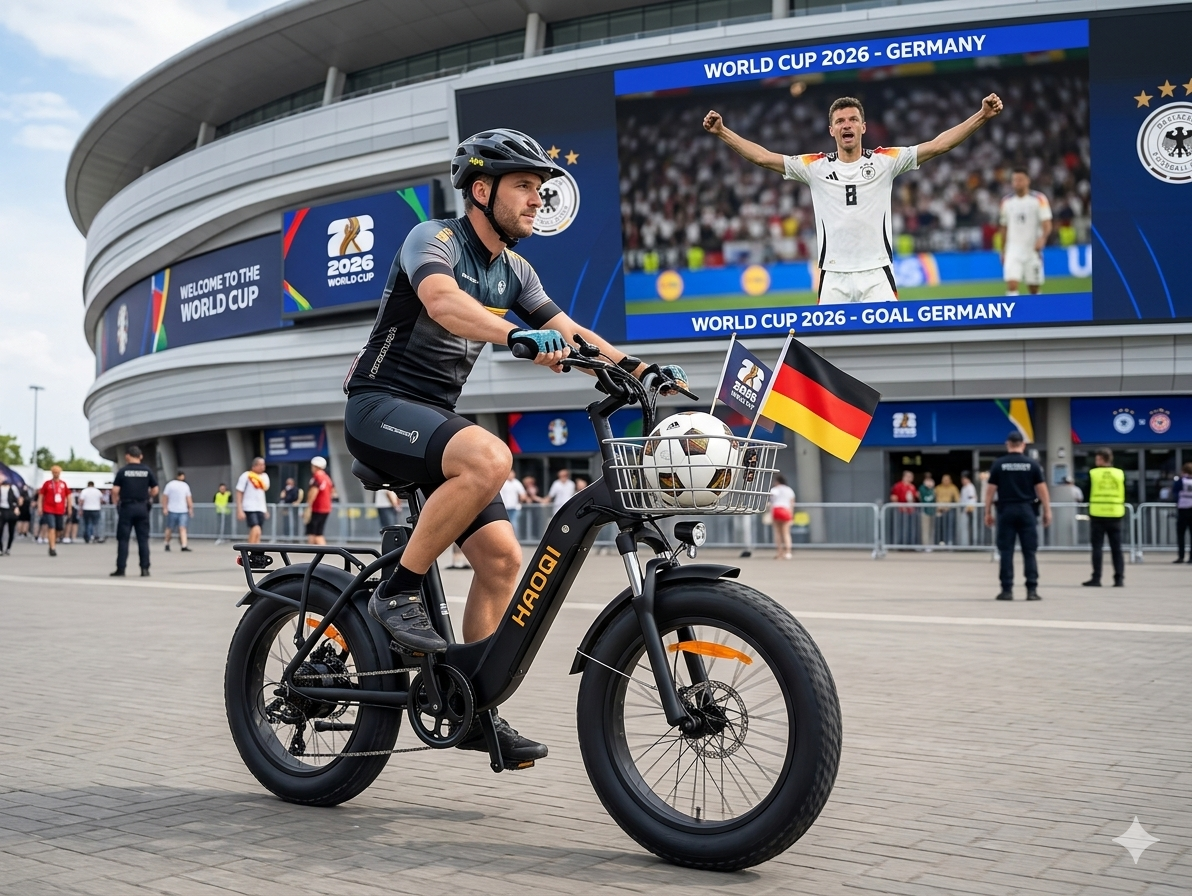 HAOQI E-Bike mit Fußball und Deutschlandfahne vor einer Public Viewing Leinwand zur WM 2026 in Frankfurt während der EUROBIKE.
