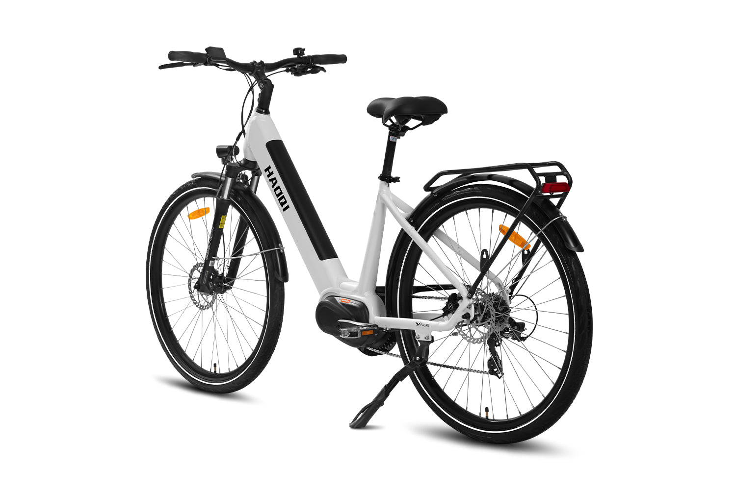 Haoqi weißes Falke-Elektrofahrrad mit Mittelmotor für Damen, Rückansicht
